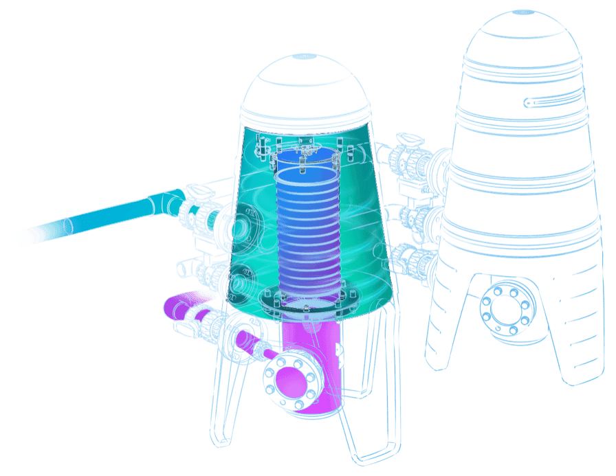 Illustration of seawater filter units with inlet and outlet piping