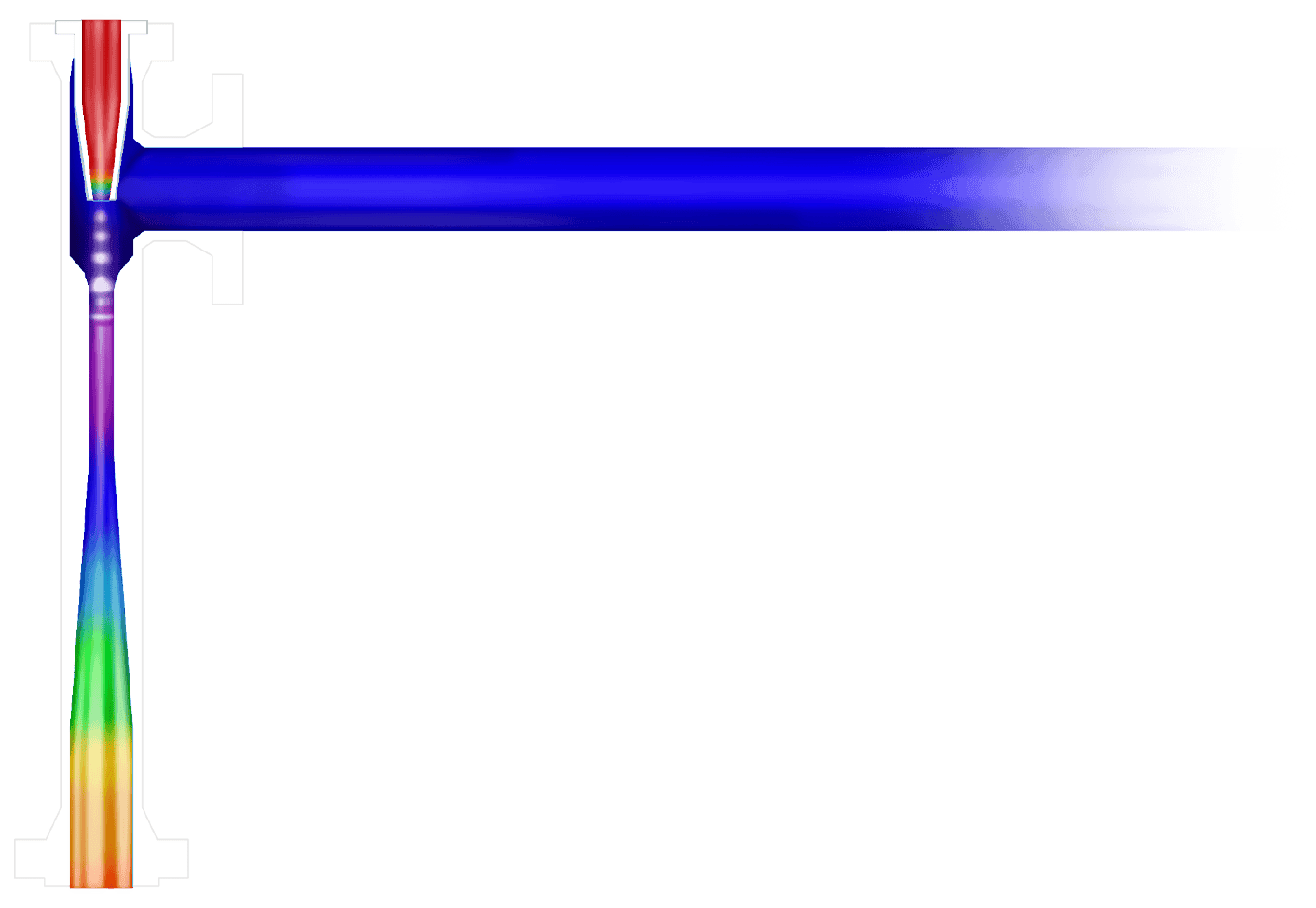 Cross-section of HypoX ejector showing brine flow visualisation — high-velocity blue jet exits horizontally while a rainbow-coloured plume disperses downward