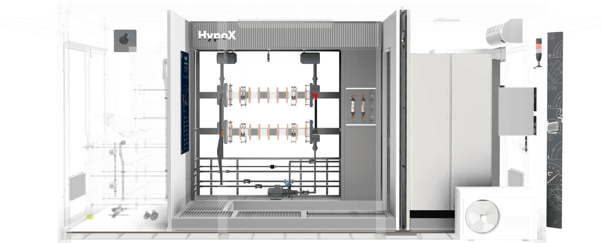 Cutaway rendering of the HypoX CX container showing its three separated rooms