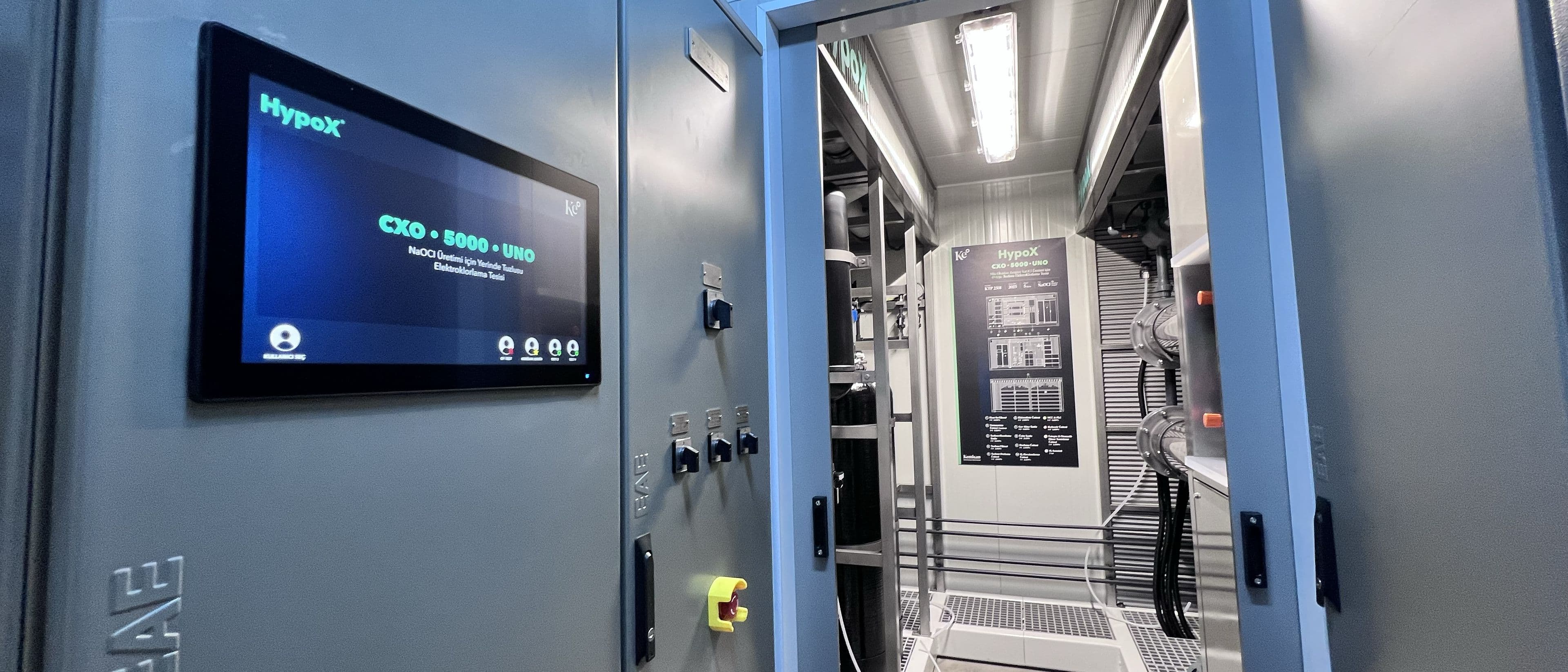 HypoX CXO 5000 UNO control screen at the entrance of the containerized electrochlorination facility