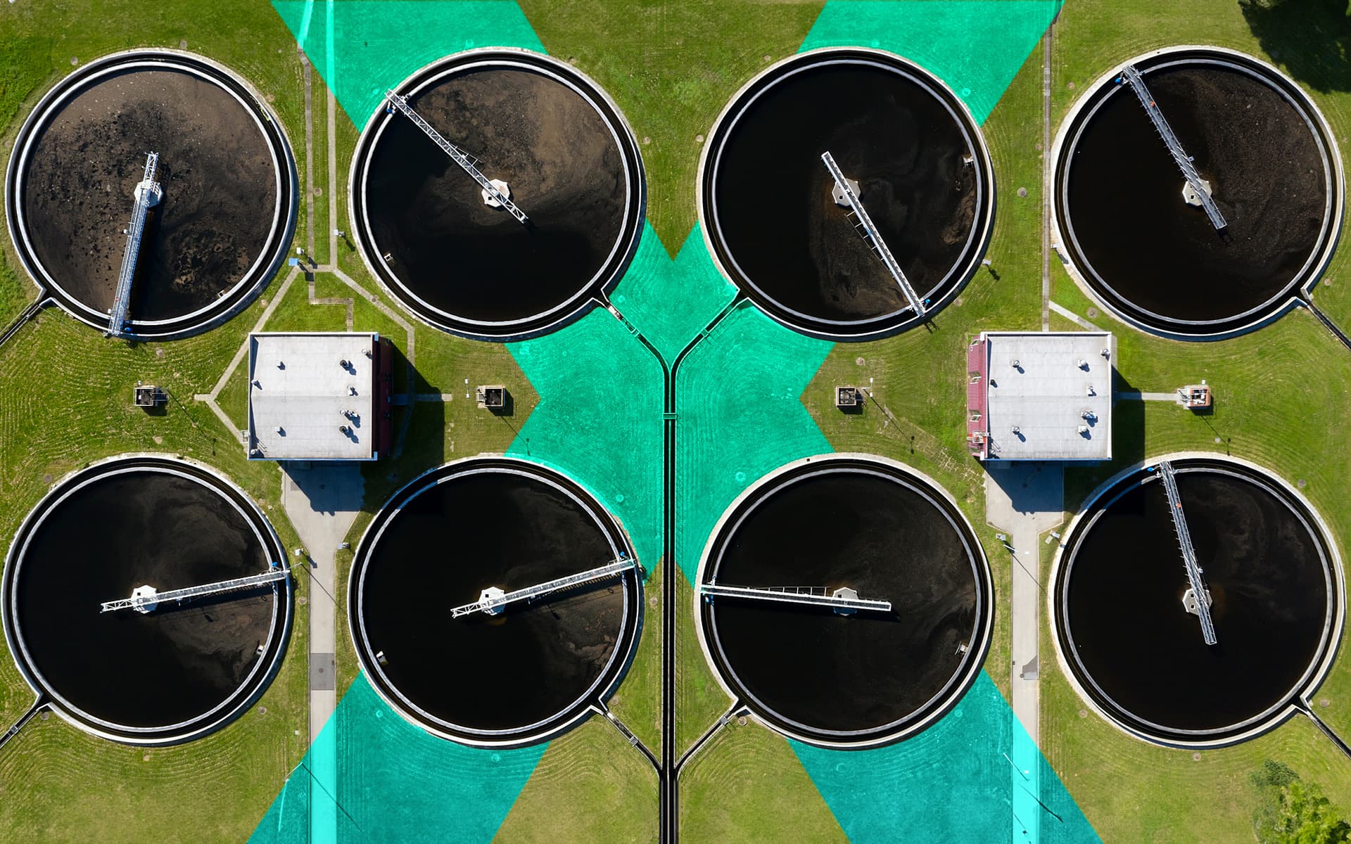 Aerial view of circular wastewater treatment tanks