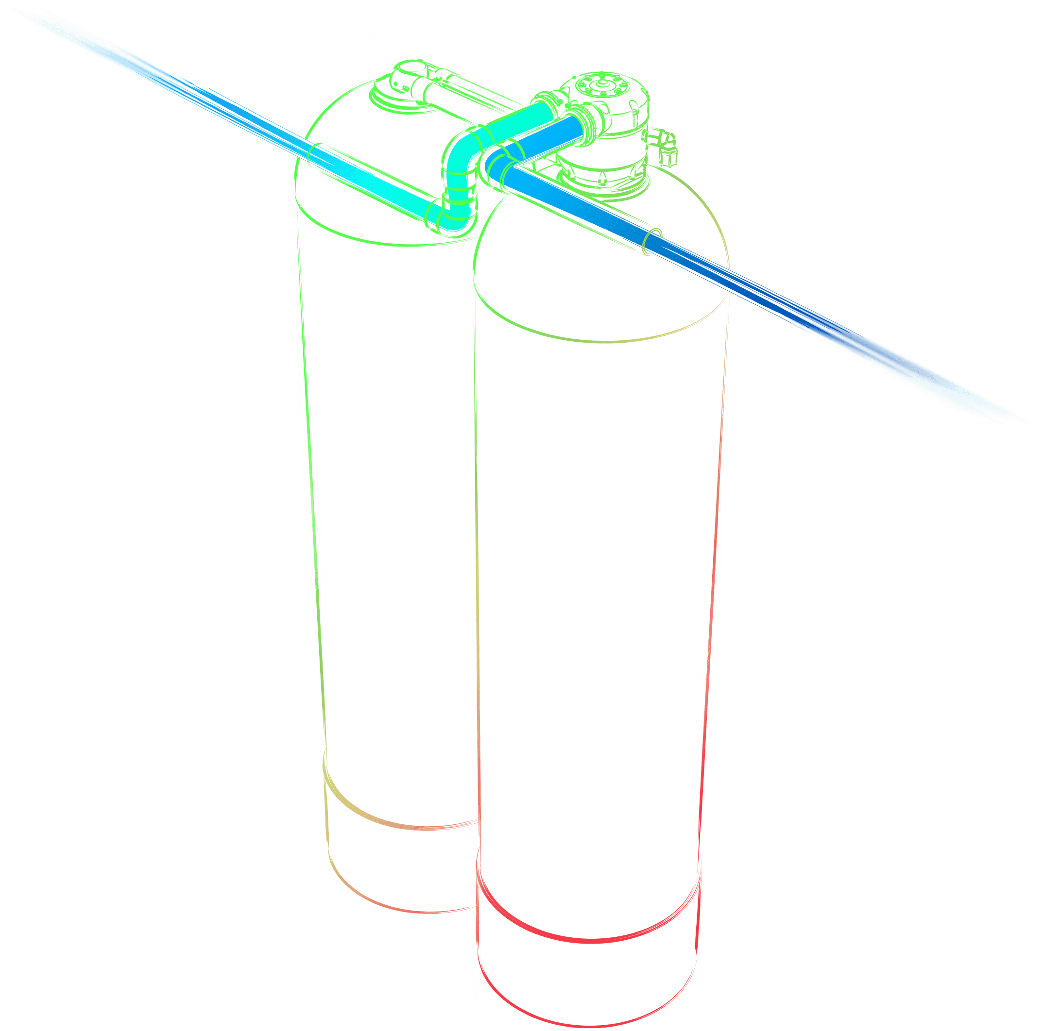 Illustration of a water softener tank with inlet and outlet piping